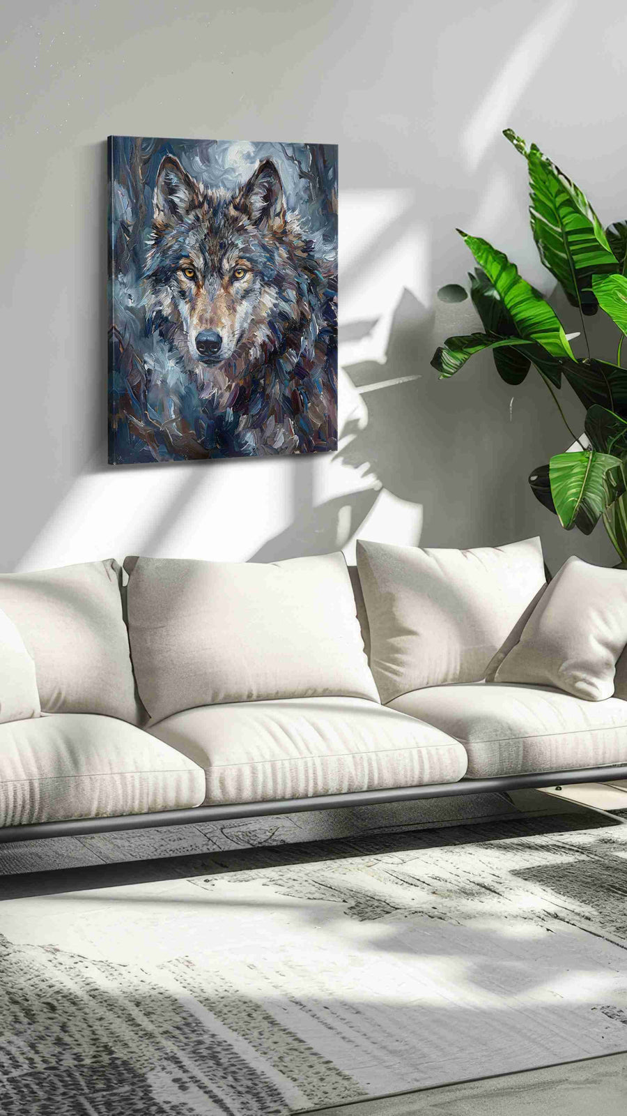 Moonlit Guardian wolf canvas print in a modern interior mockup