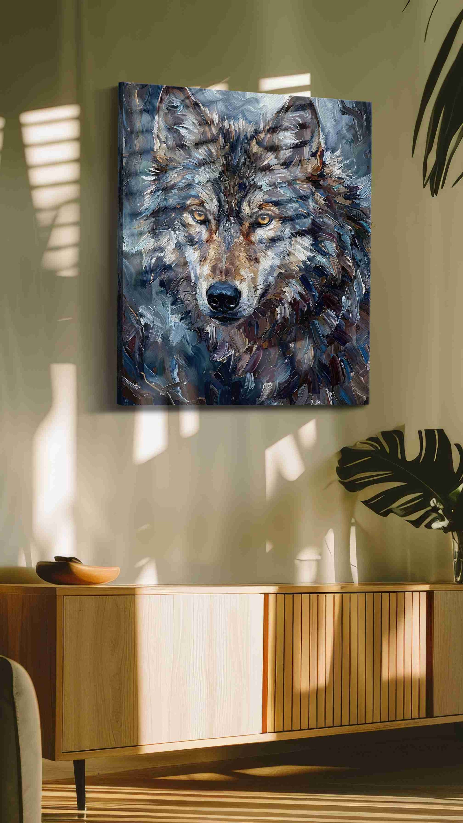 Moonlit Guardian wolf canvas print, on wall, lifestyle preview