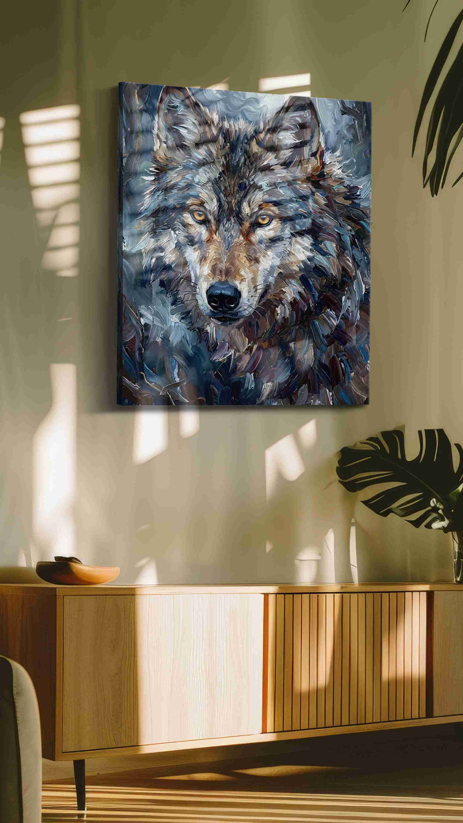 Moonlit Guardian wolf canvas print, on wall, lifestyle preview
