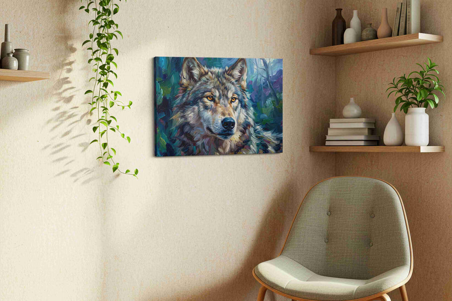 Moonlit Guardian II wolf canvas print in a living room scene
