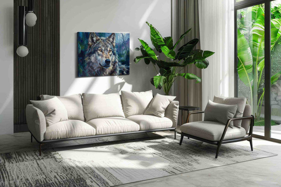 Moonlit Guardian II wolf canvas print, on wall, lifestyle preview