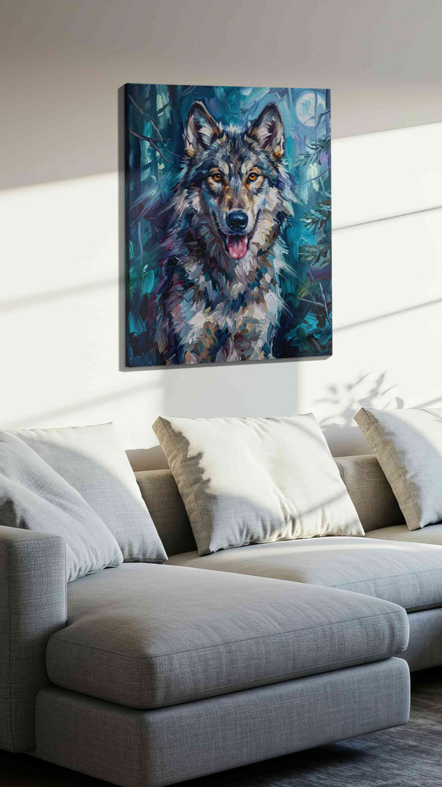 Moonlit Guardian III wolf canvas print, displayed in a living room