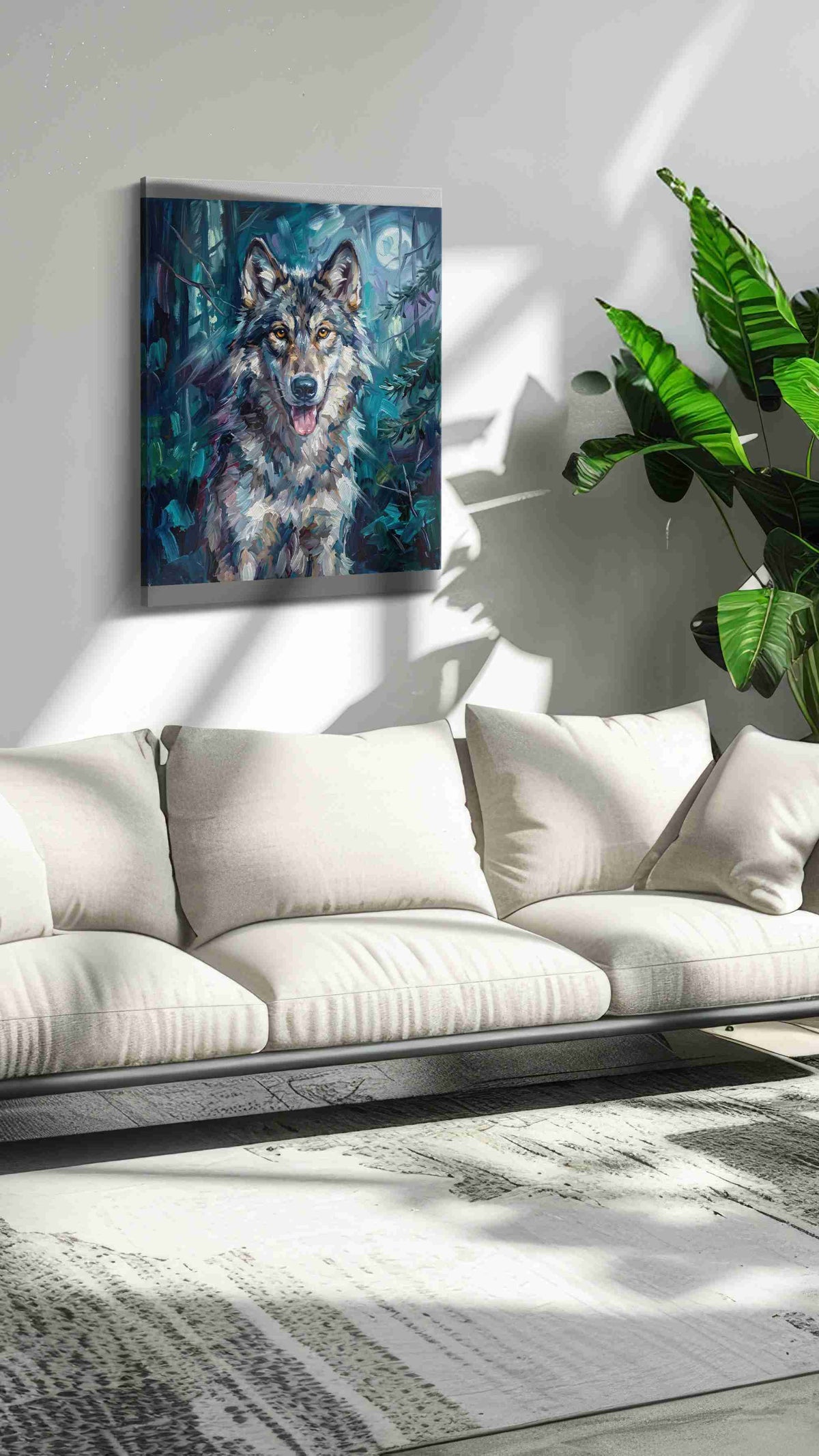 Moonlit Guardian III wolf canvas print, on wall, lifestyle preview