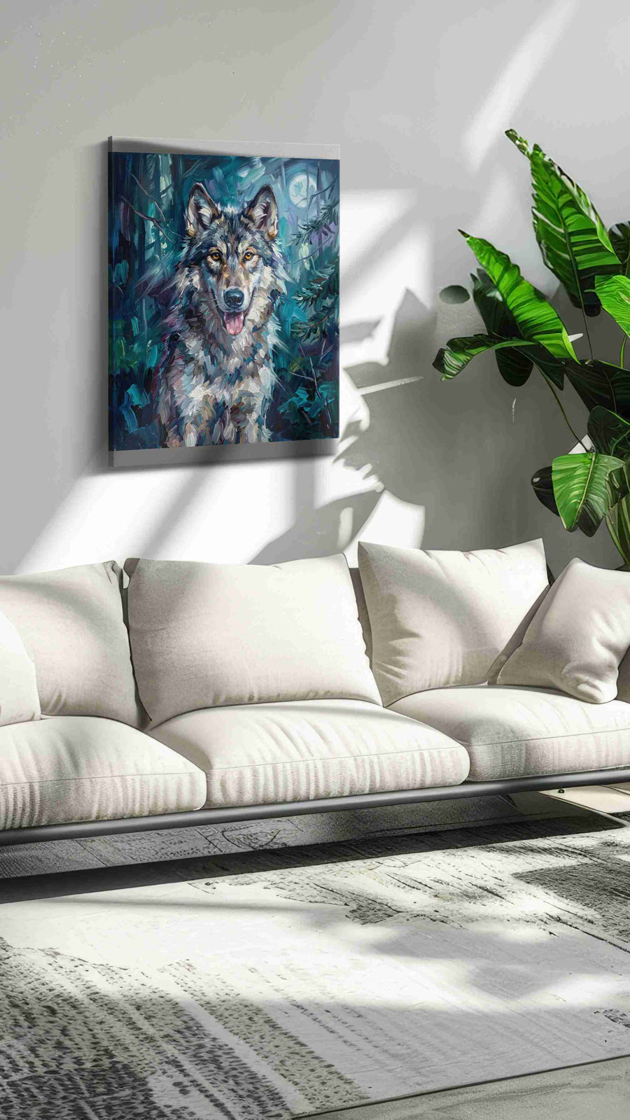 Moonlit Guardian III wolf canvas print, on wall, lifestyle preview