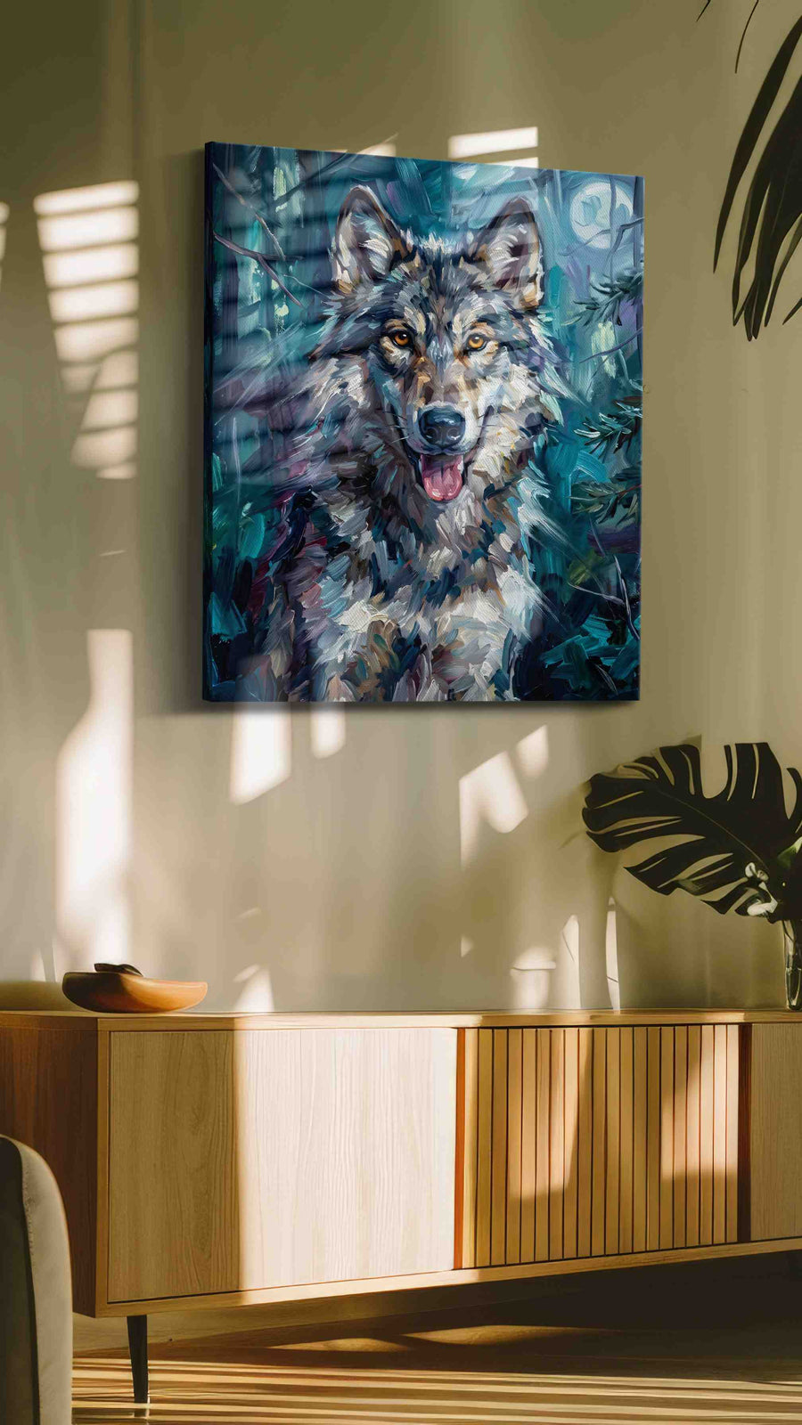 Moonlit Guardian III wolf canvas print in a contemporary interior mockup