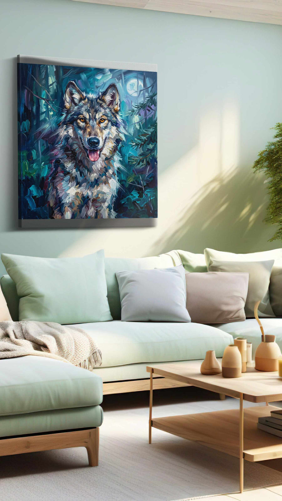 Moonlit Guardian III wolf canvas print, hanging on wall