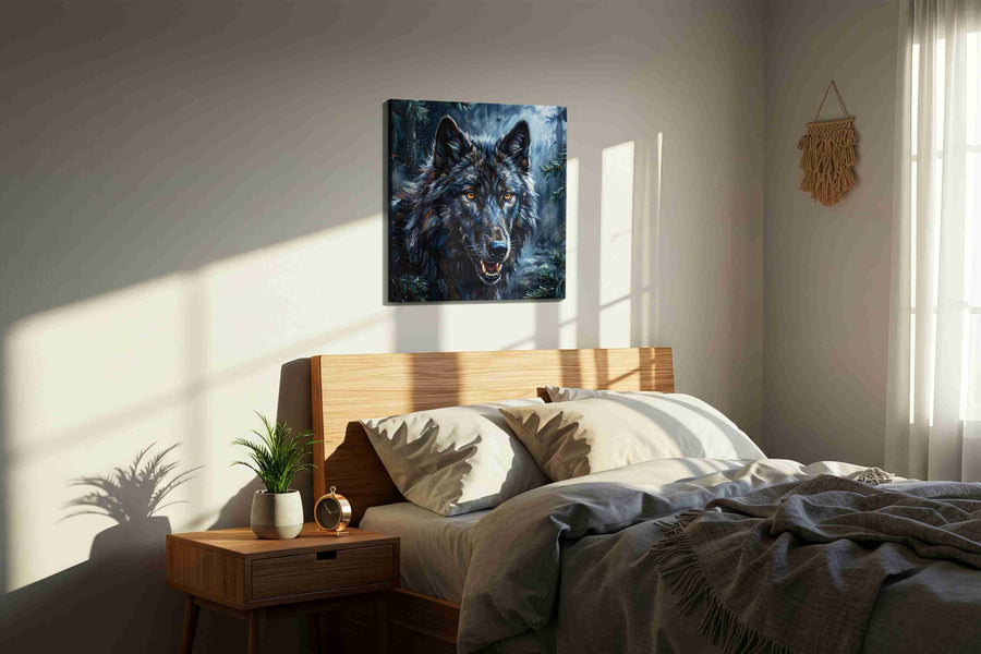 Moonlit Guardian of the Wild wolf canvas print, displayed in a bedroom