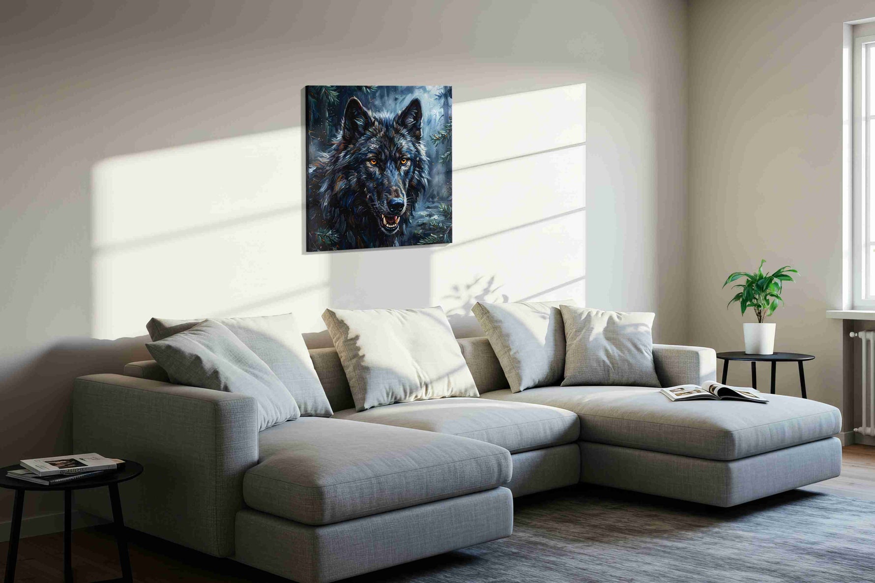 Moonlit Guardian of the Wild wolf canvas print, displayed in a living room