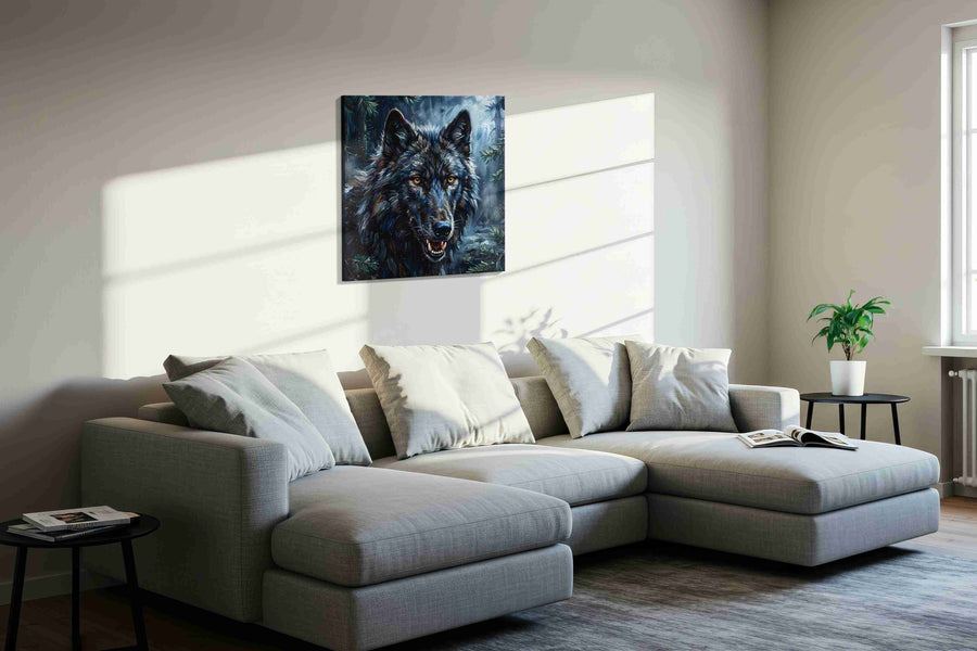 Moonlit Guardian of the Wild wolf canvas print, displayed in a living room