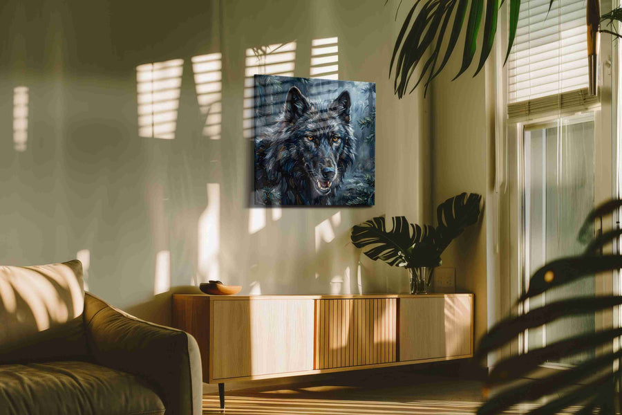 Moonlit Guardian of the Wild wolf canvas print in a hung canvas mockup
