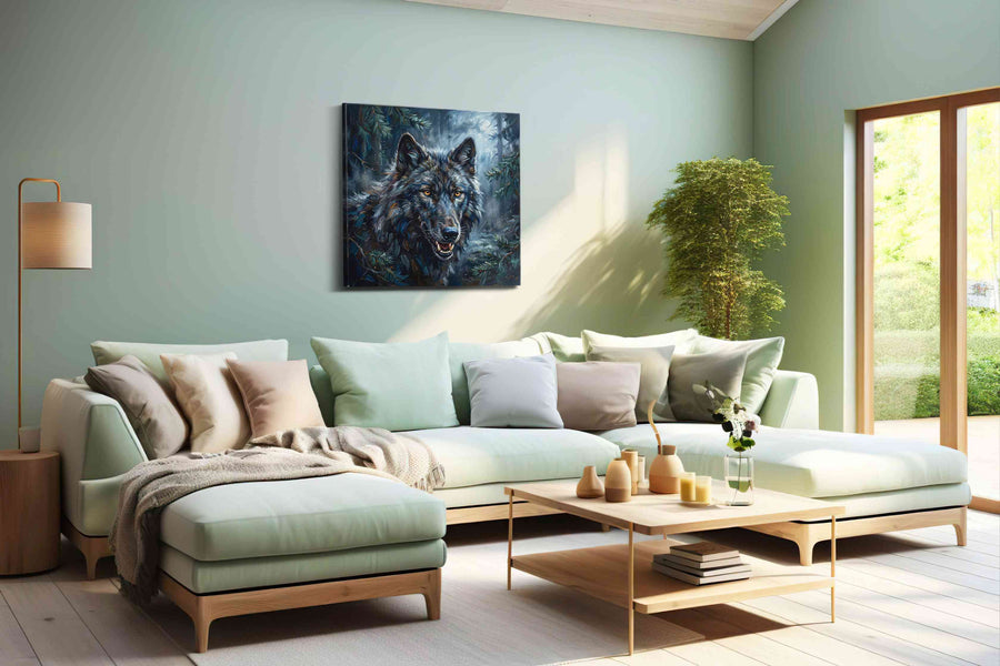 Moonlit Guardian of the Wild wolf canvas print, hanging on wall