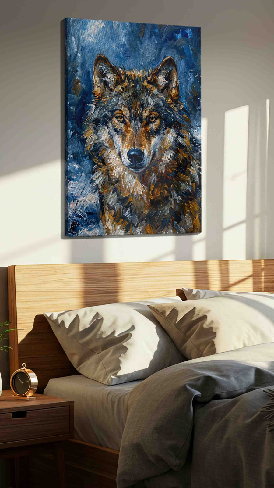 Moonlit Majesty (Wolf) - Wolf Wall Art, Wildlife Canvas Print, Nature Predator Art in a bedroom scene