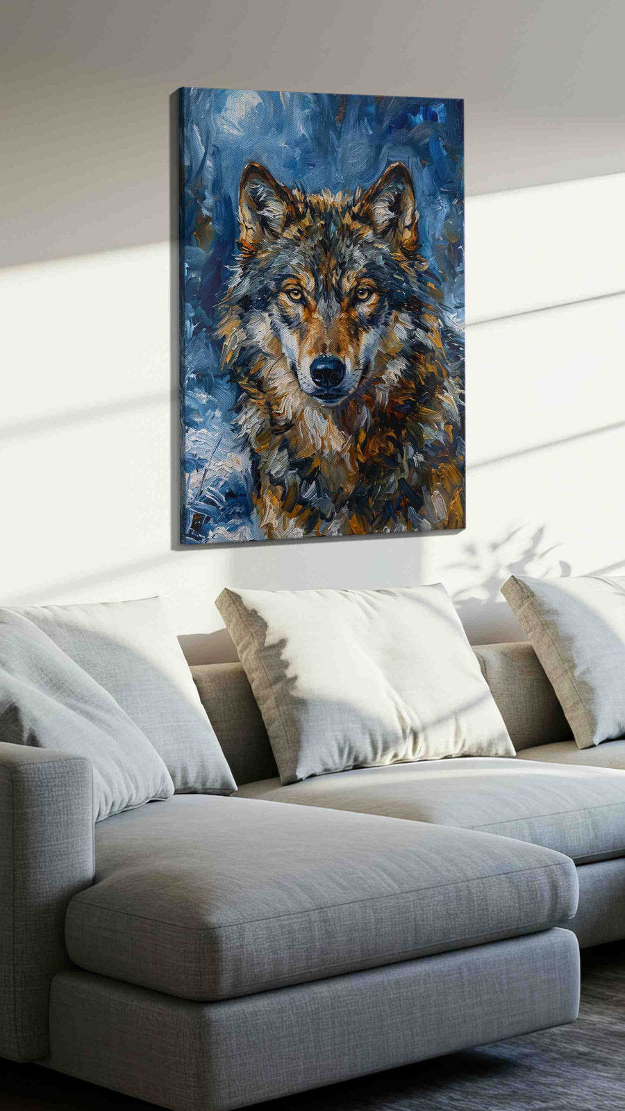 Moonlit Majesty wolf canvas print, displayed in a living room