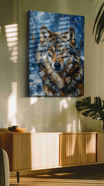 Moonlit Majesty wolf canvas print, on wall, lifestyle preview