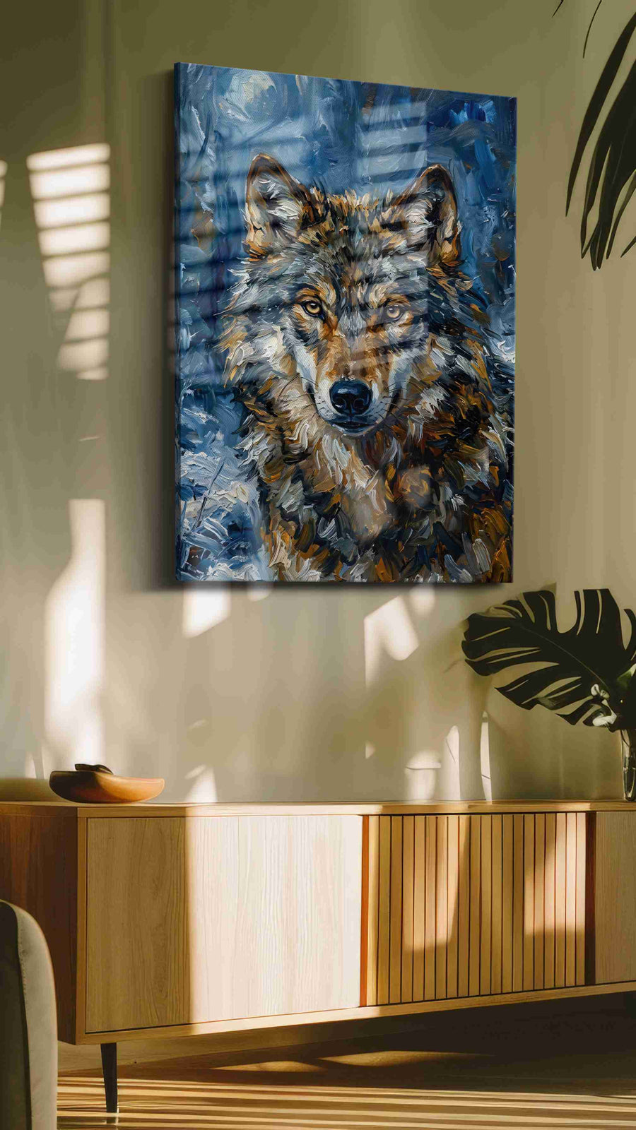 Moonlit Majesty wolf canvas print, on wall, lifestyle preview