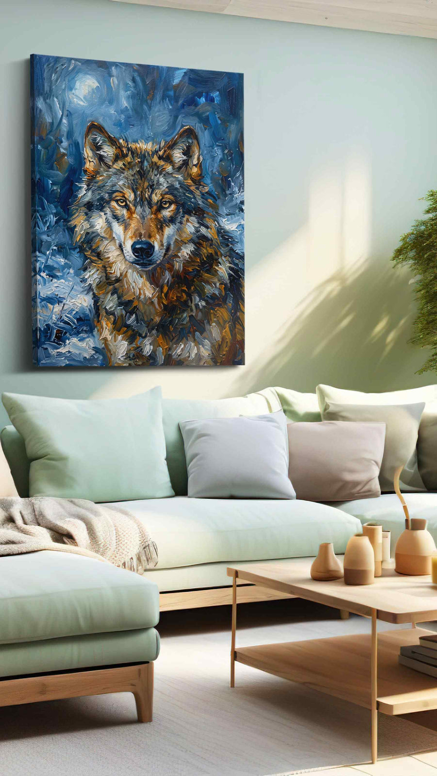 Moonlit Majesty wolf canvas print, hanging on wall