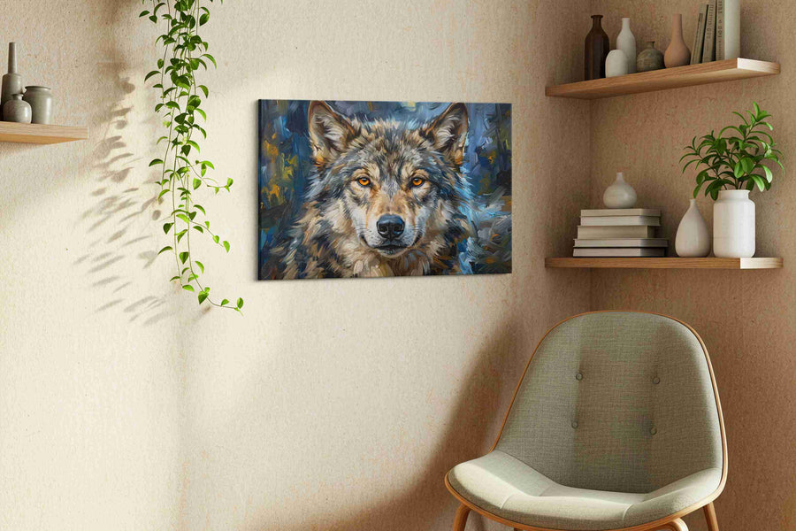Moonlit Majesty II wolf canvas print in a living room scene