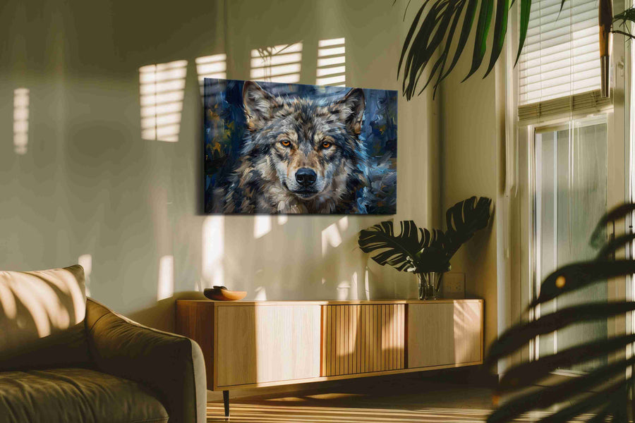 Moonlit Majesty II wolf canvas print, on wall, lifestyle preview