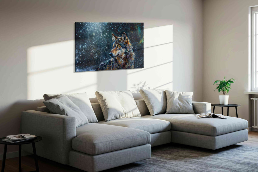 Moonlit Sentinel wolf canvas print, displayed in a living room