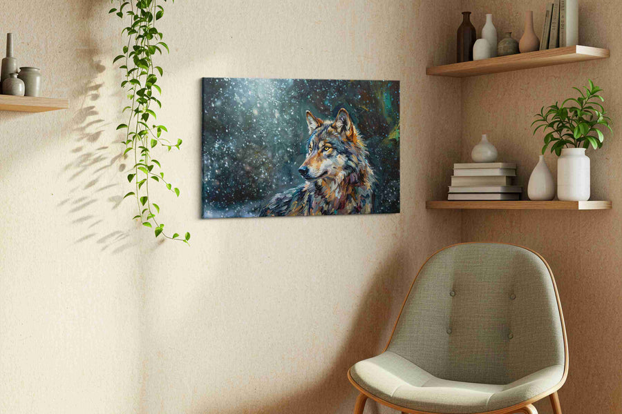 Moonlit Sentinel wolf canvas print in a living room scene