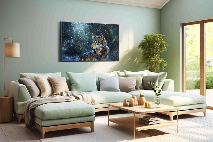 Moonlit Sentinel (Wolf) - Wolf Wall Art, Wildlife Canvas Print, Nature Predator Art in a hung canvas mockup