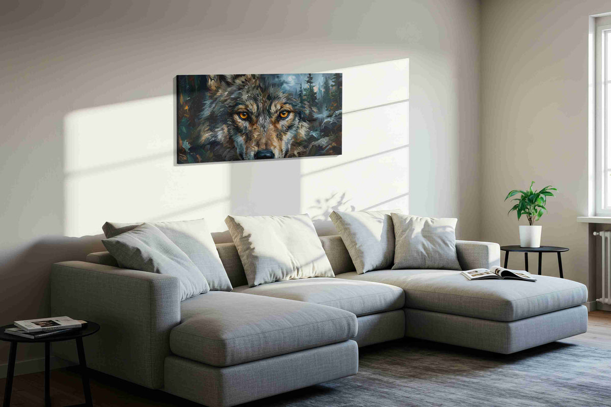 Moonlit Watcher of the Wild (Wolf) - Wolf Wall Art, Wildlife Canvas Print, Nature Predator Art styled in a living room