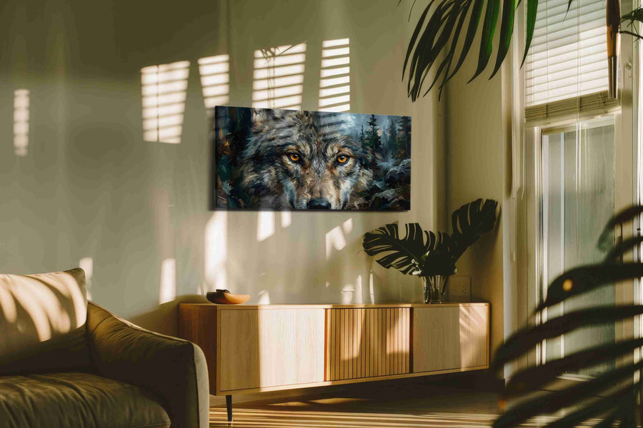 Moonlit Watcher of the Wild wolf canvas print in a hung canvas mockup