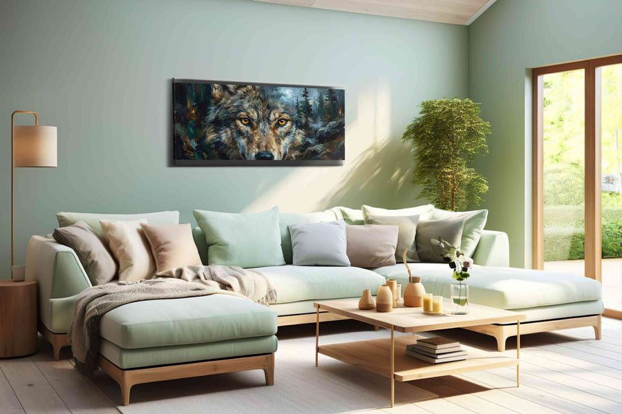 Moonlit Watcher of the Wild wolf canvas print shown in a wall scene