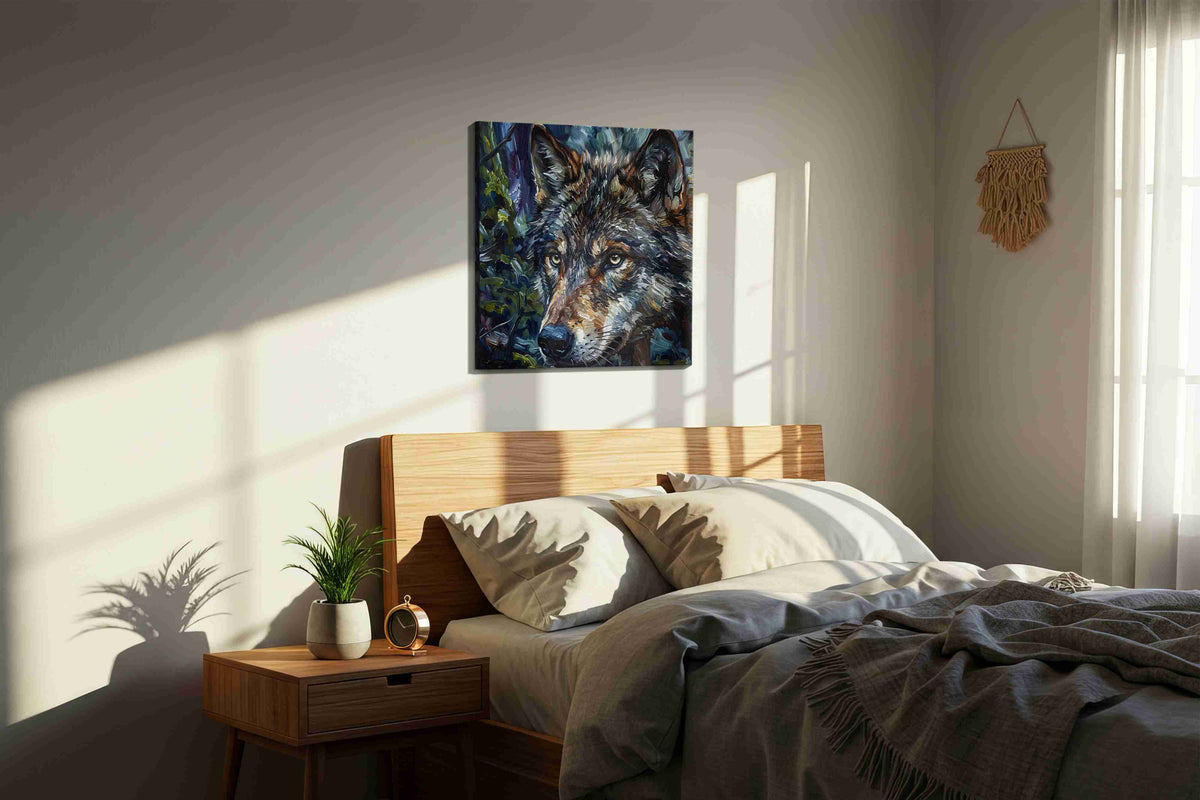 Mystic Forest Sentinel wolf canvas print, displayed in a bedroom