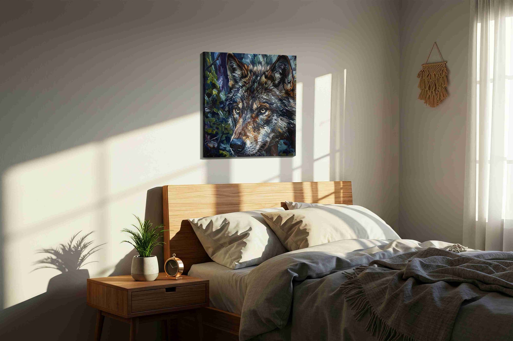Mystic Forest Sentinel wolf canvas print, displayed in a bedroom