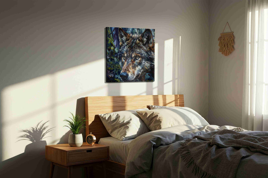 Mystic Forest Sentinel wolf canvas print, displayed in a bedroom