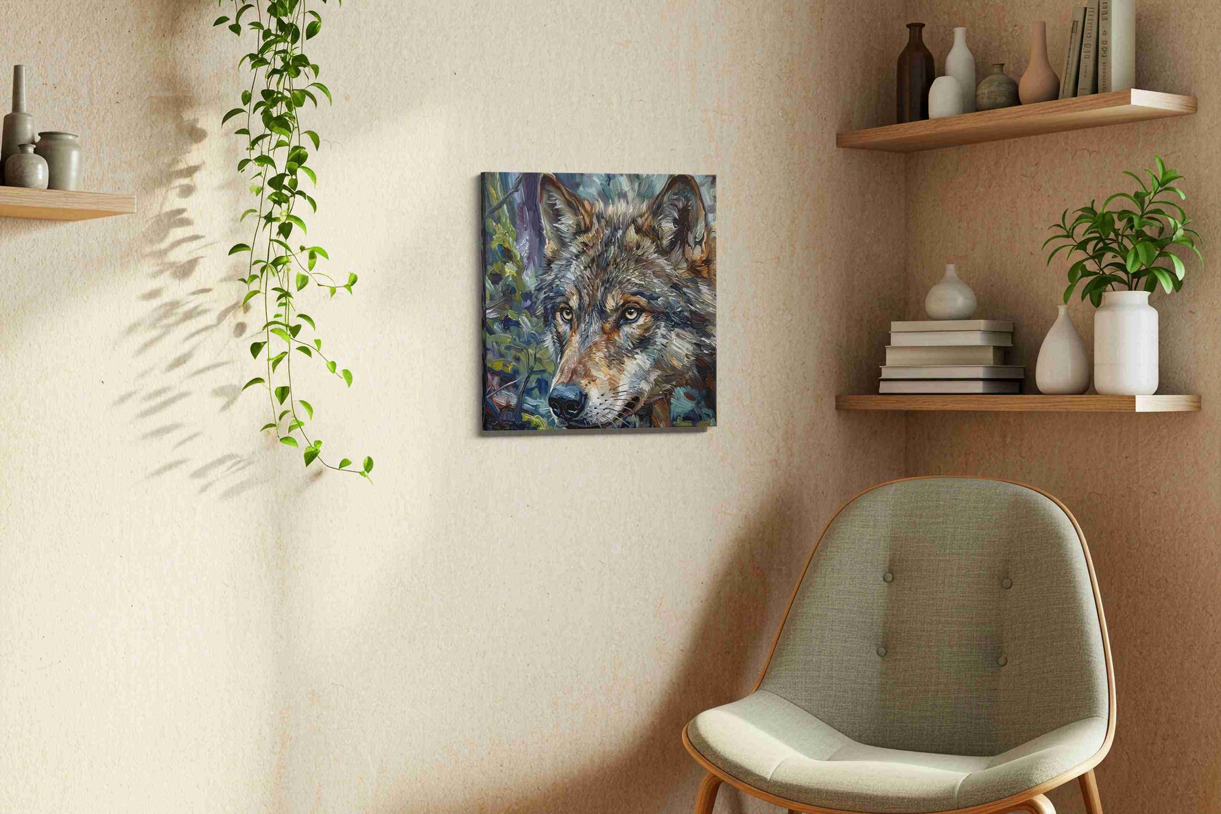 Mystic Forest Sentinel wolf canvas print, displayed in a living room
