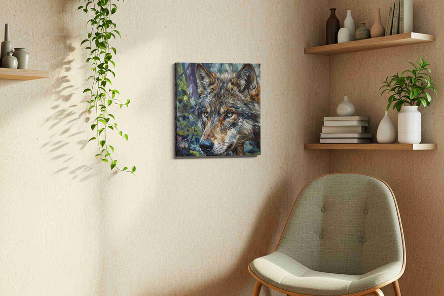 Mystic Forest Sentinel wolf canvas print, displayed in a living room