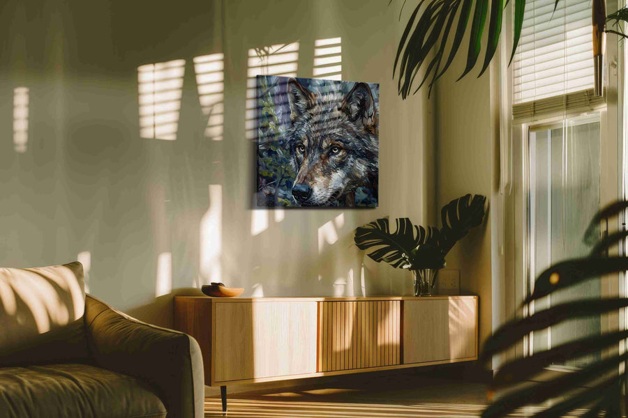 Mystic Forest Sentinel (Wolf) - Wolf Wall Art, Wildlife Canvas Print, Nature Predator Art in a contemporary interior mockup