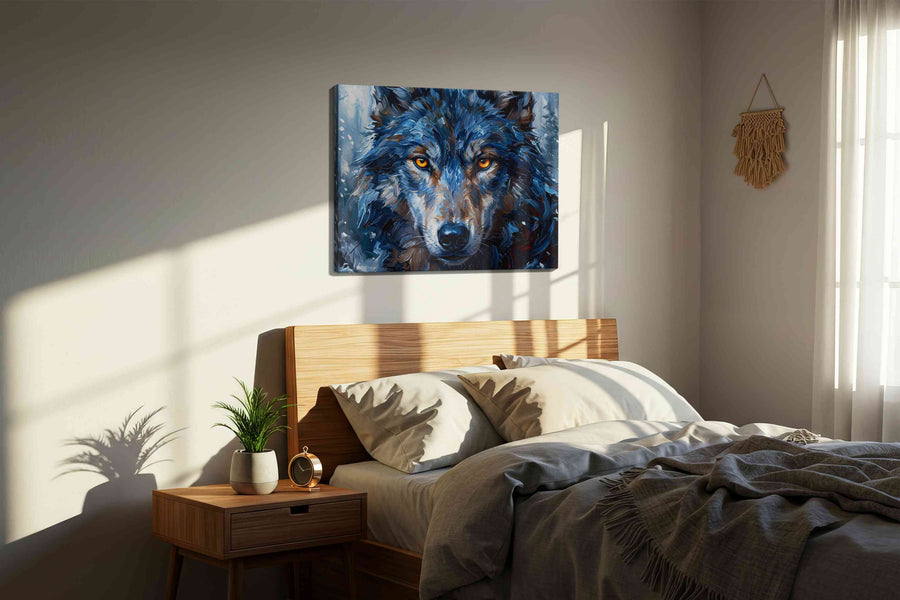 Mystic Gaze of the Frostwolf wolf canvas print, displayed in a bedroom