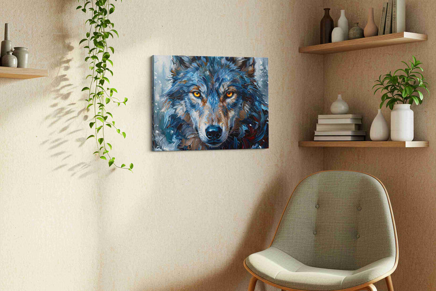Mystic Gaze of the Frostwolf wolf canvas print, hanging on wall