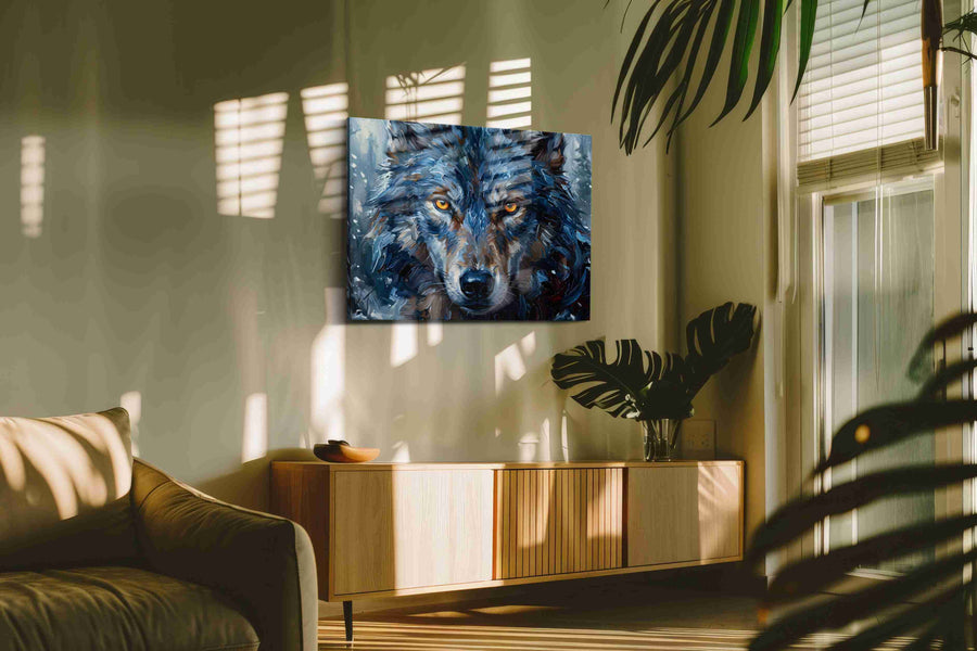 Mystic Gaze of the Frostwolf (Wolf) - Wolf Wall Art, Wildlife Canvas Print, Nature Predator Art in a hung canvas mockup