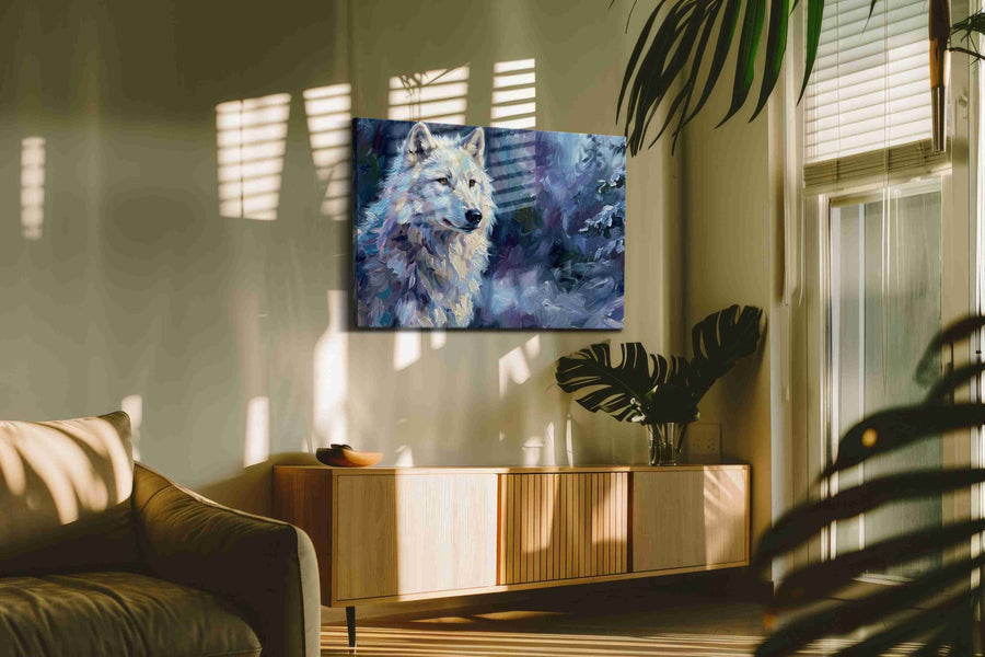 Mystic Lair of the Northern Wolf wolf canvas print, displayed in a living room