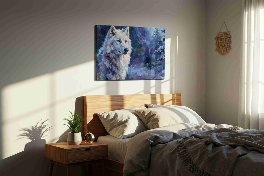 Mystic Lair of the Northern Wolf wolf canvas print, displayed in a bedroom