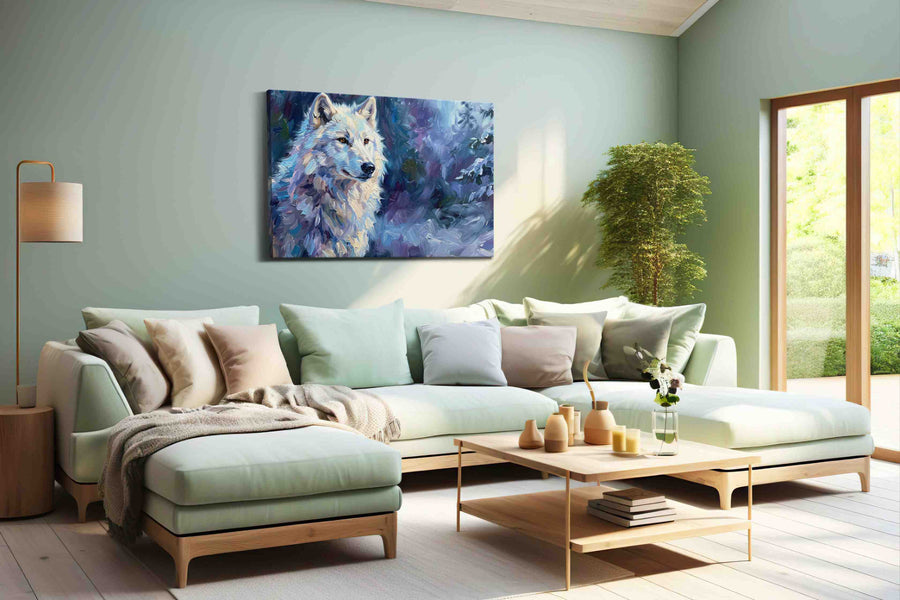 Mystic Lair of the Northern Wolf wolf canvas print shown in a wall scene