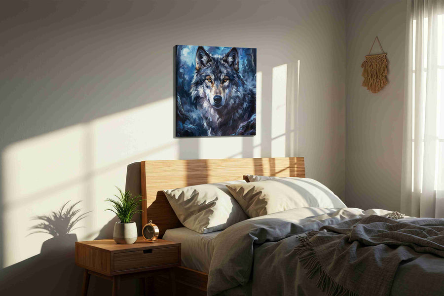 Mystic Moonlit Wolf wolf canvas print, displayed in a bedroom
