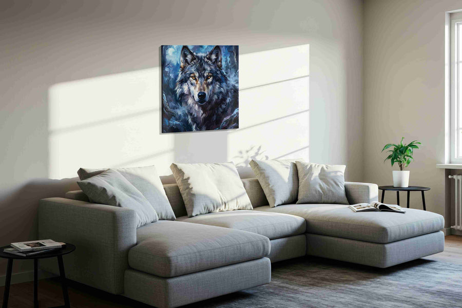 Mystic Moonlit Wolf wolf canvas print, displayed in a living room