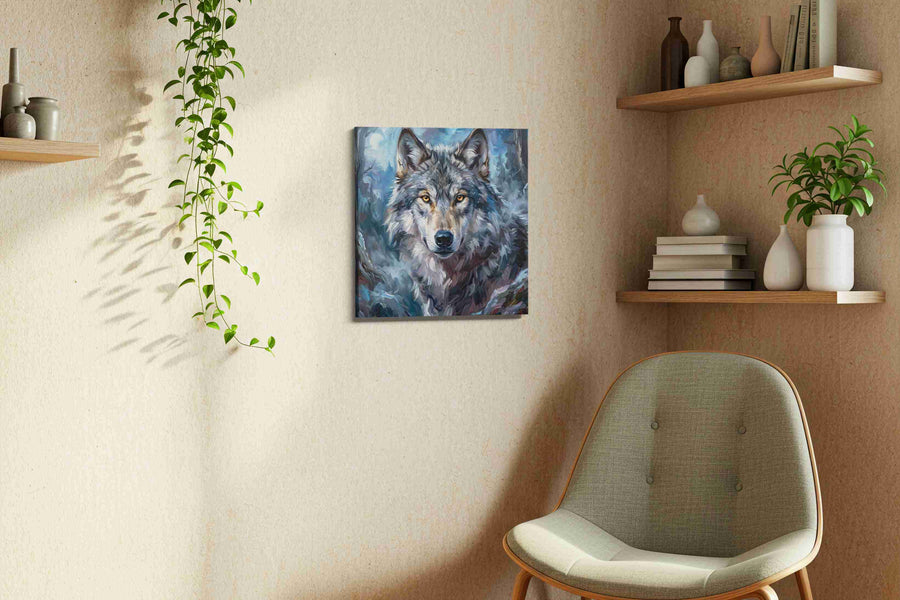 Mystic Moonlit Wolf (Wolf) - Wolf Wall Art, Wildlife Canvas Print, Nature Predator Art in a living room scene