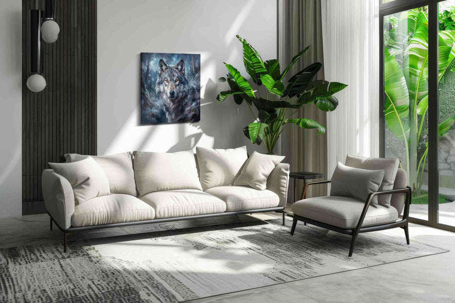 Mystic Moonlit Wolf wolf canvas print, on wall, lifestyle preview