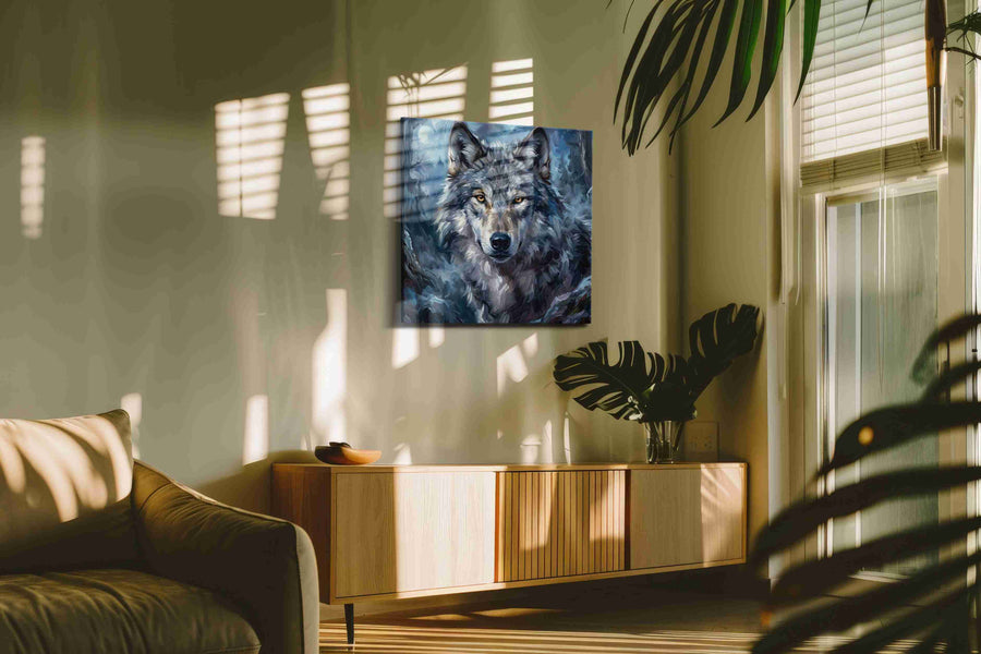 Mystic Moonlit Wolf wolf canvas print in a contemporary interior mockup