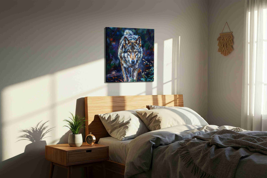 Silent Sentinel of the Forest wolf canvas print, displayed in a bedroom