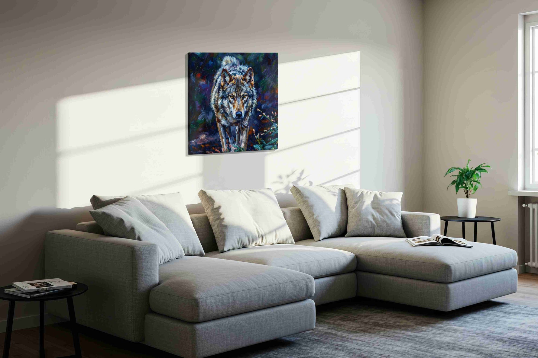 Silent Sentinel of the Forest (Wolf) - Wolf Wall Art, Wildlife Canvas Print, Nature Predator Art styled in a living room