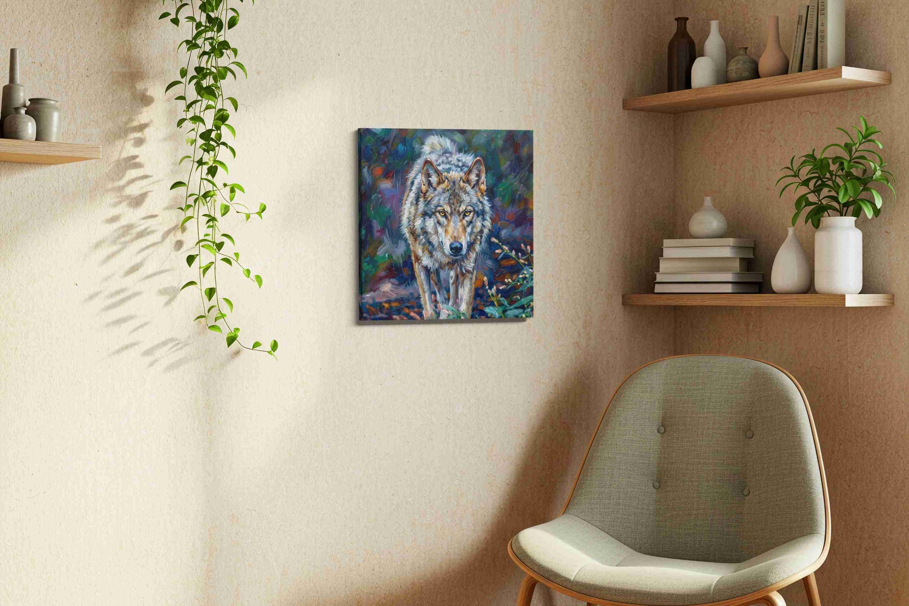 Silent Sentinel of the Forest wolf canvas print, hanging on wall — view 2
