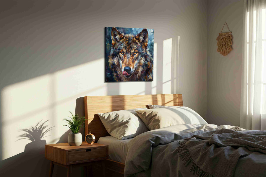 Soul of the Forest Guardian wolf canvas print, displayed in a bedroom