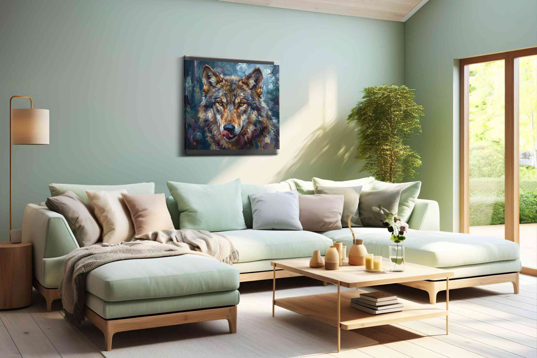 Soul of the Forest Guardian wolf canvas print shown in a wall scene